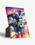 Personalized 4-pet standing canvas featuring dogs in New England Patriots football uniforms with a fiery background.