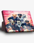 Personalized 5-pet standing canvas featuring dogs in New England Patriots football uniforms against a red background.