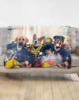 Personalized 3-pet blanket with dogs in New Orleans Saints football uniforms.
