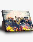 Personalized 3-pet standing canvas featuring dogs in New Orleans Saints football uniforms, with a stadium background.