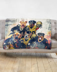 Personalized minky blanket with five dogs in New Orleans Saints football uniforms.