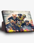 Personalized 5-pet standing canvas featuring dogs in New Orleans Saints football uniforms.
