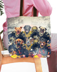 Personalized New Orleans Doggos 6-pet tote bag with custom dog portraits in football uniforms.
