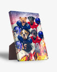Personalized standing canvas featuring four pets as New York Doggos football players in blue and red uniforms.