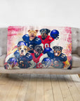 Personalized 5-pet blanket with dogs in New York Giants football uniforms, red and blue.