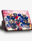 Personalized 'New York Doggos' standing canvas featuring six pets as football players in blue and red jerseys.