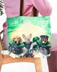 Personalized 3-pet tote bag featuring custom dog portraits in New York Jets football uniforms.