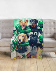 Personalized blanket with four dogs in New York Jets football uniforms.
