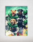 Personalized New York Jet-Doggos poster featuring four pets as football players in green and black jerseys.