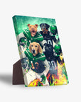 Personalized 'New York Jet-Doggos' standing canvas featuring four pets in green and black football uniforms.