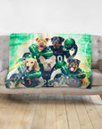 Personalized New York Jets-themed blanket with five dogs in football uniforms.