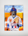 Personalized New York Mets Doggos pet poster featuring a dog in a Mets uniform, hat, and baseball glove.