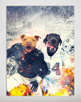 Personalized 'Oakland Doggos' poster featuring a pit bull and black lab in football uniforms.