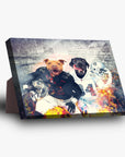Personalized standing canvas featuring two dogs in football uniforms against a stadium backdrop with fire effects.