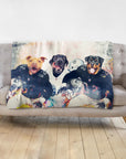 Personalized minky blanket with three dogs in football uniforms, draped over a gray sofa.