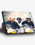Personalized 3-pet standing canvas featuring dogs in football uniforms with a sturdy stand.
