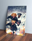 Personalized 4-pet canvas featuring dogs in black and white football jerseys with helmets.