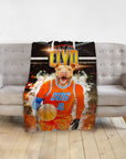 Personalized pet blanket with a pit bull dog in an orange basketball uniform on a court.