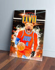 Personalized pet canvas featuring a pit bull in an orange basketball jersey with "DOG 4" and a hoop.