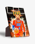 Personalized pet standing canvas featuring a dog in an orange OKC Thunders basketball jersey holding a ball.