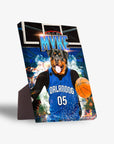 Personalized pet standing canvas featuring a Rottweiler in an "Orlandog Magic" basketball jersey with a stand.