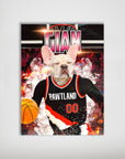 Personalized 'Pawtland Trail Blazers' dog poster featuring a French Bulldog in a black and red basketball jersey.