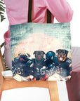 Personalized 3-pet tote bag featuring dogs in Philadelphia Eagles football uniforms.