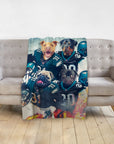 Personalized 4-pet blanket with dogs in Philadelphia Eagles football uniforms.