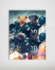 Personalized 4-pet poster featuring dogs in Philadelphia Eagles football jerseys and helmets with a fiery background.