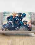 Personalized 5-pet blanket featuring dogs in Philadelphia Eagles football uniforms on a gray sofa.
