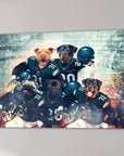 Personalized canvas of five dogs in Philadelphia Eagles football uniforms on a stadium background.
