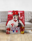 Personalized pet blanket with a dog in a red Philadelphia Phillies baseball uniform.