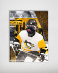 Personalized pet poster featuring a pug in a Pittsburgh Penguins hockey uniform, with a city skyline background.
