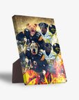 Personalized 4-pet standing canvas featuring dogs in Pittsburgh Steelers football uniforms with a fiery background.