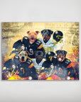 Personalized 5-pet poster featuring dogs in black and white football jerseys against a stadium backdrop.