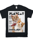Black Gildan t-shirt with a "Playcat" magazine cover design featuring two orange and white cats.