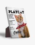 Personalized Playcat magazine cover standing canvas featuring an orange cat in a red bow tie.