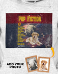 Personalized Pup Fiction parody hoody featuring custom pet portraits on a light gray fleece.