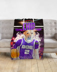 Personalized pet blanket with a yellow lab dog in a purple basketball jersey, holding a basketball.