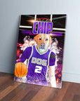 Personalized pet canvas featuring a yellow lab in a purple Sacramento Kings basketball jersey holding a ball.