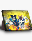 Personalized 2-pet standing canvas featuring a Border Collie and French Bulldog in football uniforms.