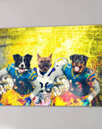 Personalized 'San Diego Doggos' 3 pet canvas featuring a Border Collie, French Bulldog, and Rottweiler in football uniforms.