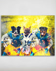 Personalized 3-pet poster featuring a Border Collie, French Bulldog, and Rottweiler in football uniforms.