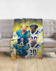 Personalized pet blanket with four dogs in blue and white football uniforms, yellow grunge background.