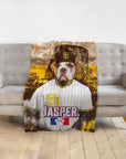 Personalized pet blanket with a bulldog in a San Diego Padres baseball uniform, named Jasper.