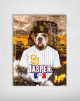 Personalized San Doggo Padres pet poster featuring a bulldog in a baseball uniform and cap against a city skyline.