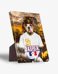 San Doggo Padres personalized pet standing canvas featuring a bulldog in a baseball uniform with "Jasper" on the front.