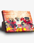 Personalized 3-pet standing canvas featuring dogs in San Francisco 40Doggos football jerseys with a fiery background.