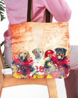 Personalized 3-pet tote bag featuring custom dog portraits in San Francisco 49ers football uniforms.