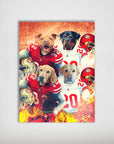 Personalized 4-pet poster featuring dogs in San Francisco 49ers football jerseys and helmets, with fiery effects.